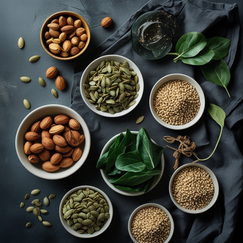 Collection of natural mineral-rich foods on a dark linen cloth: Brazil nuts, pumpkin seeds, dark leafy greens, and whole grains arranged in a composed still-life photograph