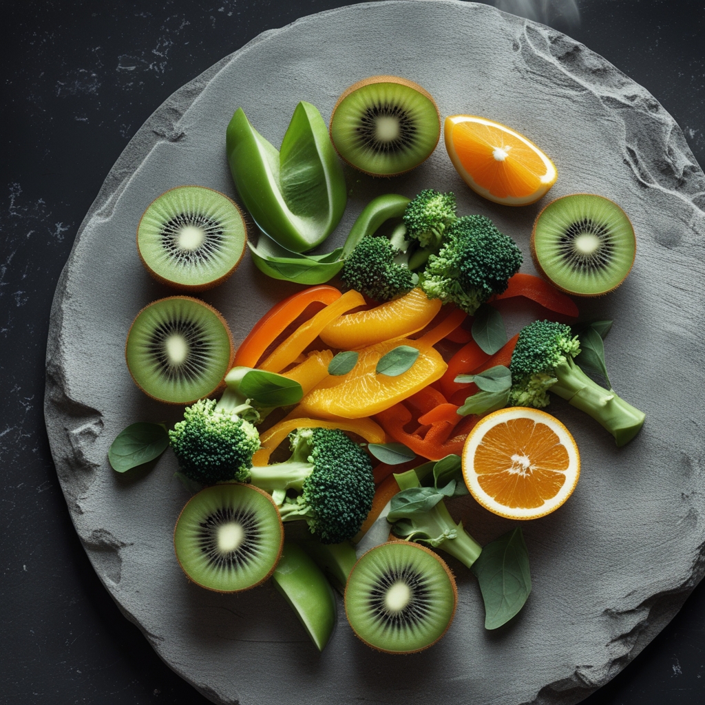 Arrangement of vitamin-rich foods on a light stone surface: halved kiwi fruit, sliced bell peppers, broccoli florets, and orange segments photographed from above with clean even lighting