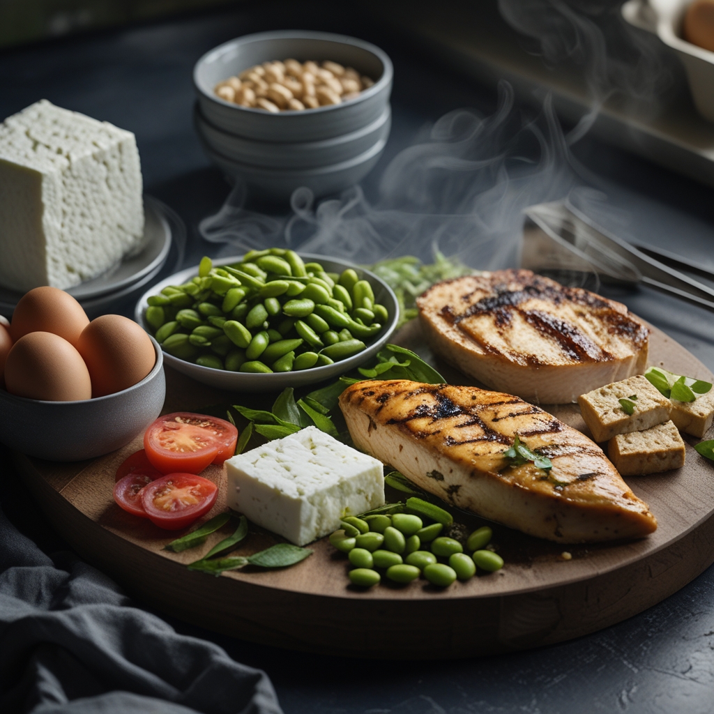 Selection of high-quality protein food sources arranged on a wooden board: eggs, cottage cheese, grilled chicken breast, edamame beans, and tofu, photographed in a calm kitchen setting with natural light